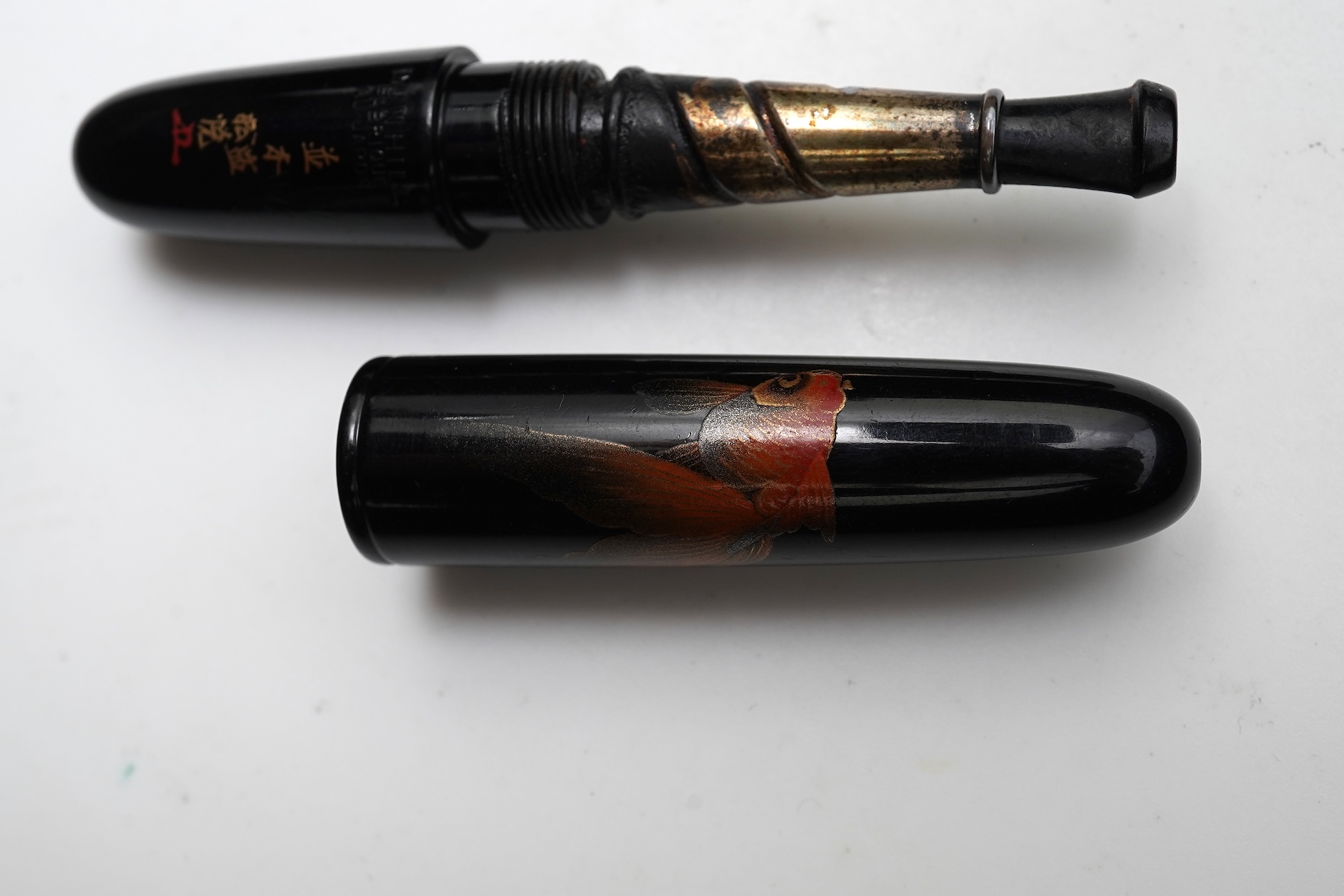 Rare Dunhill Namiki Lacquer concealed cigarette holder with goldfish design and artist's signature, made in Japan circa 1930s